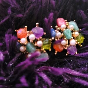 Multi semi precious stone clip on earrings